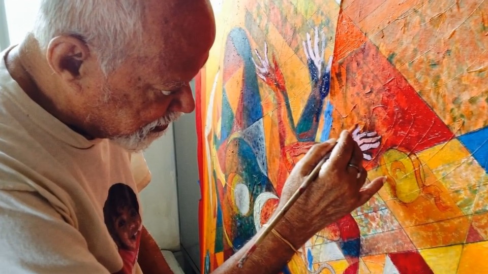J Srividya painting a vivid geometric composition